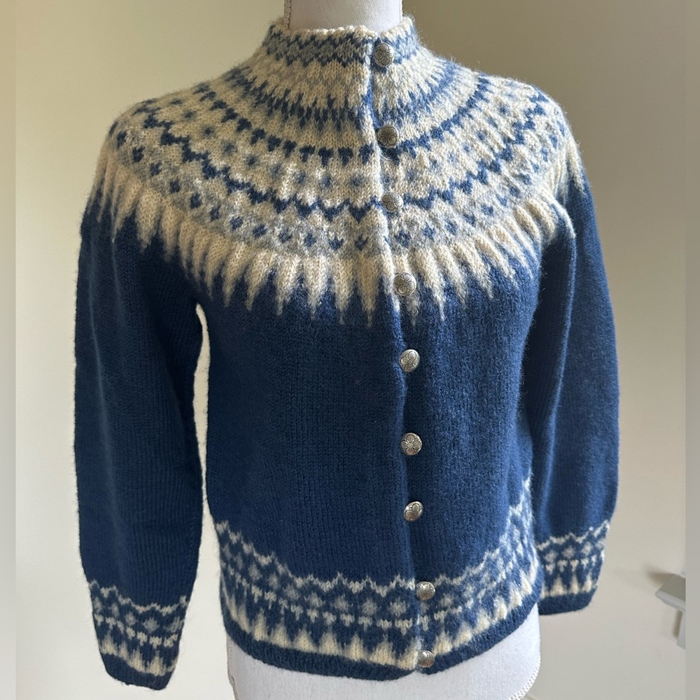 William Schmidt Blue Nordic Cardigan Sweater Hand Knit in Norway size X-Small